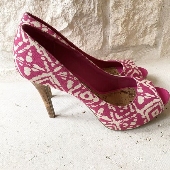 CHRISTIAN SIRIANO Heels Size 9 Pink‎ & Cream Abstract Canvas Peep Toe Pump Shoes - Picture 5 of 8